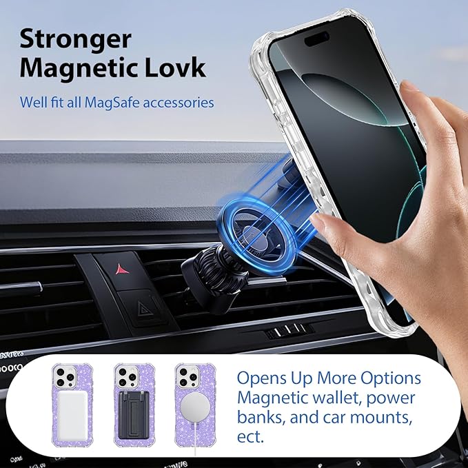 Magnetic for iPhone 16 Pro Case with Invisible Stand, Compatible with MagSafe, Clear Bling Sparkle Shockproof Slim Anti-Slip Military Drop Protection Hard Phone Case 6.1" Glitter Purple