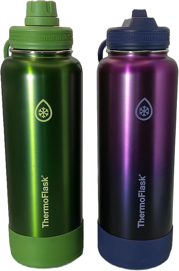 ThermoFlask 40 oz Bottle with Spout and Straw Lid - Stainless Steel, Double-Wall Insulation & BPA-Free - Leakproof, Resuable - Forest Green/Purple Sunset (2 Pack)