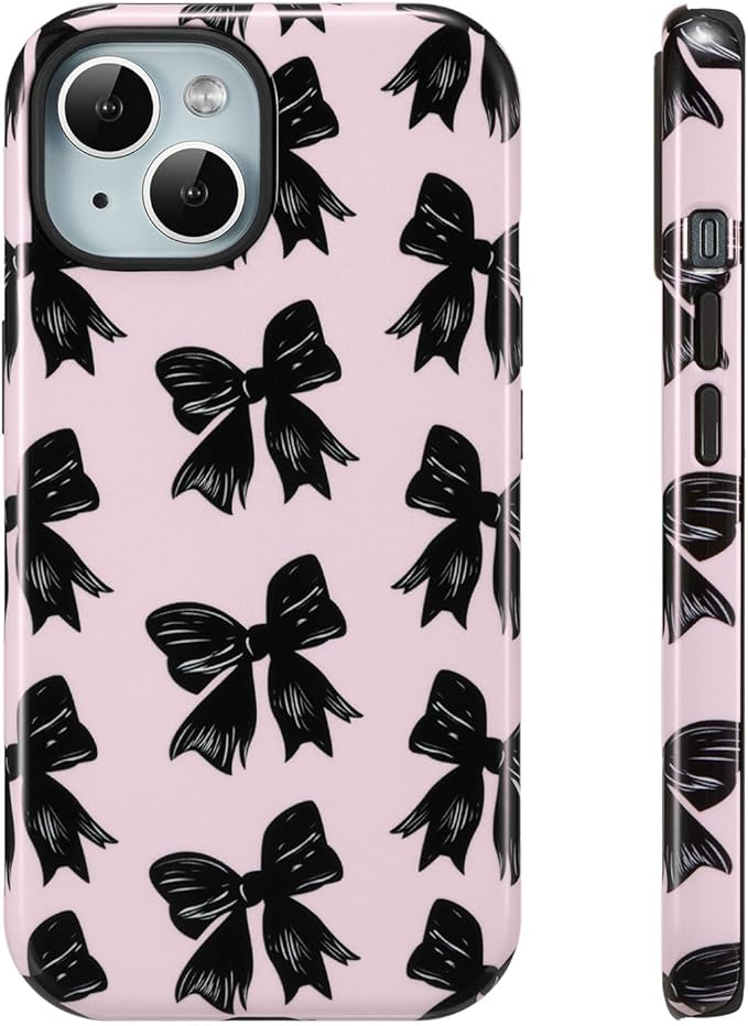 QLTYPRI Case for iPhone 13/14, Aesthetic Black Ribbon Bow Phone Case for Girls Women, Protective Hybrid 2-Layer Hard Shell Silicone Cover Durable Shockproof Phone Cover - Pink
