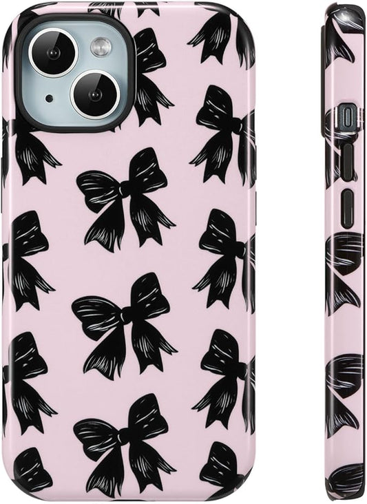 QLTYPRI Case for iPhone 13/14, Aesthetic Black Ribbon Bow Phone Case for Girls Women, Protective Hybrid 2-Layer Hard Shell Silicone Cover Durable Shockproof Phone Cover - Pink