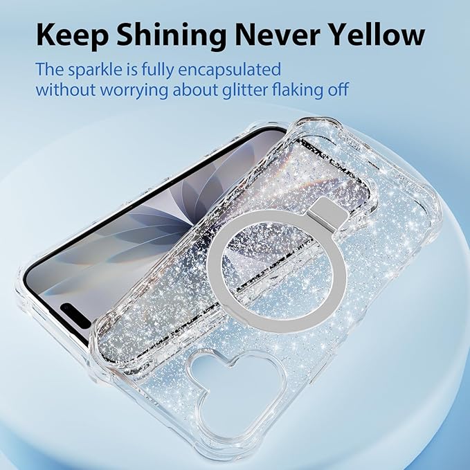 Magnetic for iPhone 17 Case with Invisible Stand, Compatible with MagSafe, Clear Bling Sparkle Shockproof Slim Anti-Slip Military Drop Protection Hard Phone Case 6.3" Glitter Silver