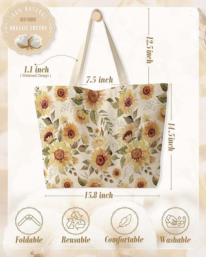 Large Tote Bag for Women - Canvas Tote Bag with Zipper Aesthetic Reusable Shoulder Bag for Gym, Travel, Work