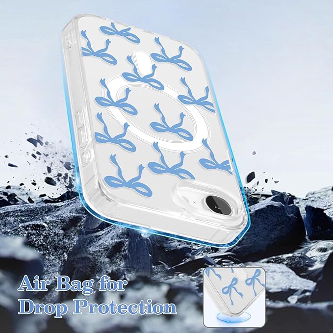 UEEBAI Magnetic for iPhone 16e Case, Bow Case Compatible with MagSafe, Wireless Slim Clear Ribbon Aesthetic Phone Cover Anti-Yellowing Shockproof Protective Cover for Women Girl - Blue