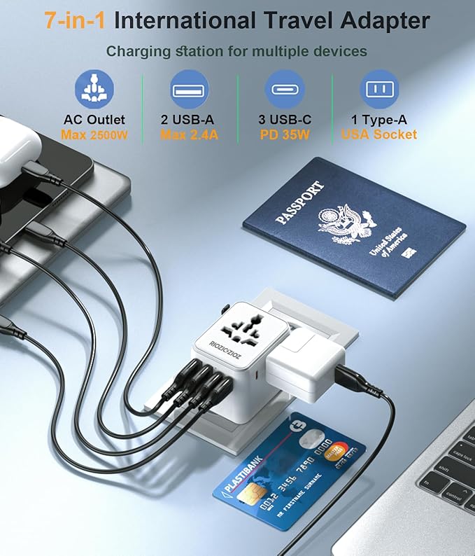 GaN III Universal Travel Adapter, 35W PD Charging with 7 Ports, Worldwide Plug for EU/US/UK/AU/JP, Portable Charger for Business and Vacation Travel