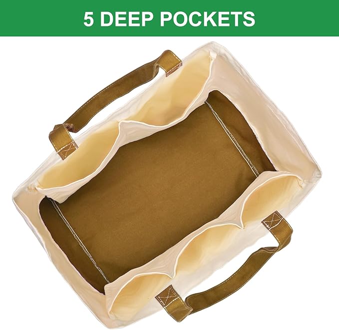 3 Pack Reusable Grocery Bags - Heavy Duty, Foldable Large Canvas Tote Bags with Handles, Holds 60 lbs, Washable Eco-friendly Bags with 5 Pockets, Camel + Off White