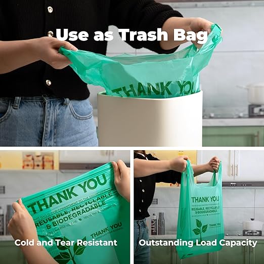 FMP Brands 500 Count Eco Biodegradable Plastic Grocery Bags with Handles, Reusable T-Shirt Thank You Shopping Bags Bulk for Small Business, Restaurant, Groceries, Supermarket