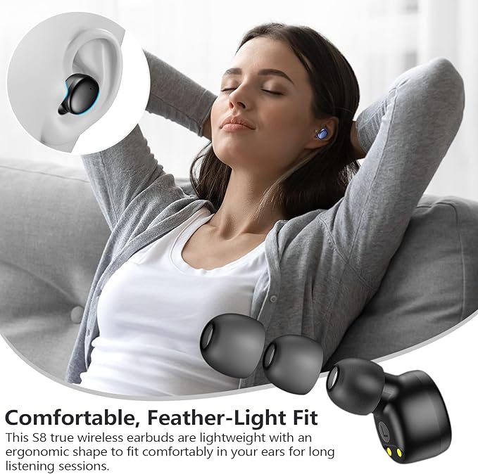 MOZOTER S8 Mini Wireless Earbuds Bluetooth 5.3 in Ear Light-Weight Headphones,60Hrs Playtime Ear Buds with Charging Case,Smart Ring,Fitness Tracker Premium Sound with Deep Bass for Sport-Black