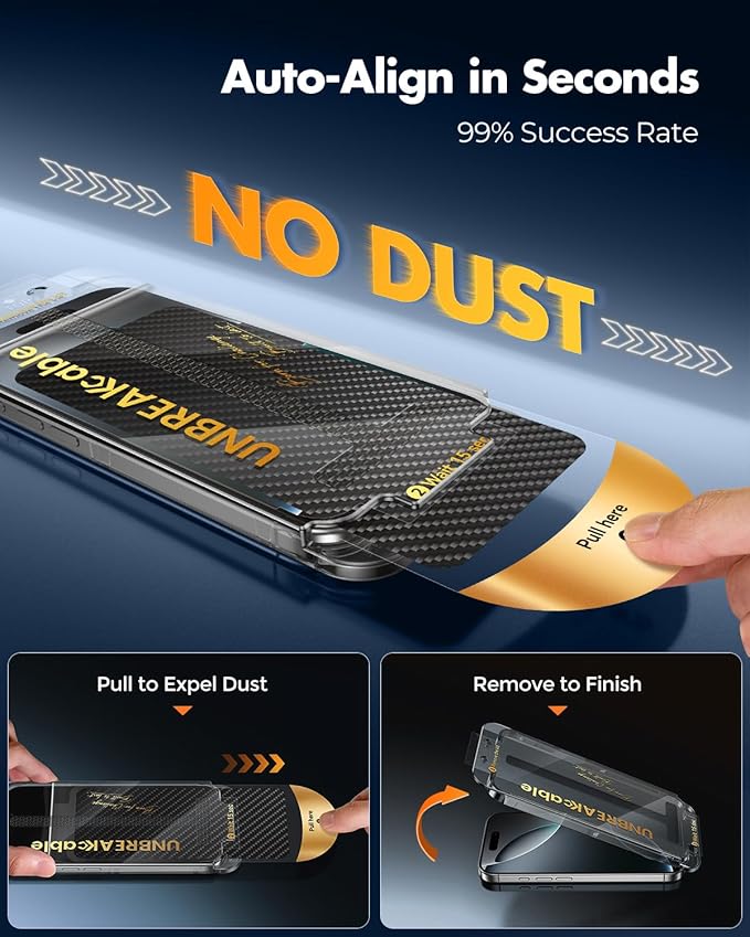 UNBREAKcable 2+2 Pack for iPhone 16 Pro Screen Protector & Lens Protector 【Military-Grade】【Easy Install】【Efficient Night Shot】9H+ Shatterproof Tempered Glass Film,Bubble-Free&Anti-Fingerprint ,Case Friendly-6.3 inch