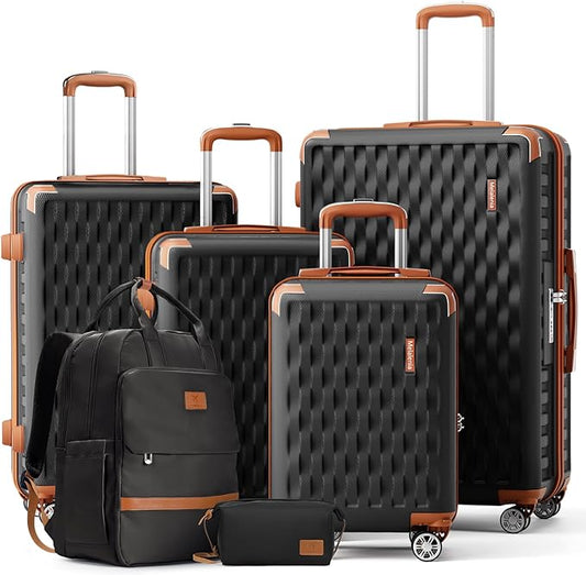 Melalenia Suitcase Sets 6 Piece Hard Shell Carry on Luggage with Spinner Wheels and TSA Lock, Lightweight Travel Backpack for Women, Men, Black Brown