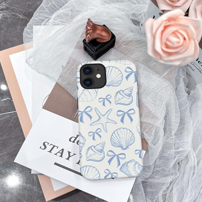 DAIZAG Case Compatible with iPhone 12,Fit Shockproof Cover for Women Girls,Blue Seashell Bow