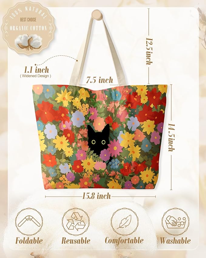 Large Tote Bag for Women - Canvas Tote Bag with Zipper Aesthetic Reusable Shoulder Bag for Gym, Travel, Work