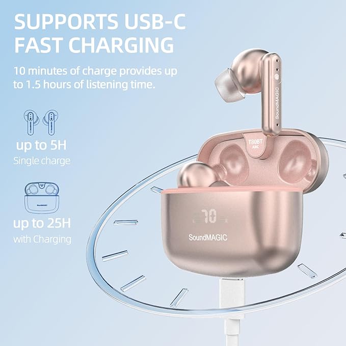 SoundMAGIC T80BT ANC True Wireless Earbuds with Hi-Res Audio,Hibrid Active Noise Cancelling, ENC Call Clarity, 20H Playtime, IPX5 Waterproof, Ultra-Comfy Fit for Sports/Work/Gaming (Pink)