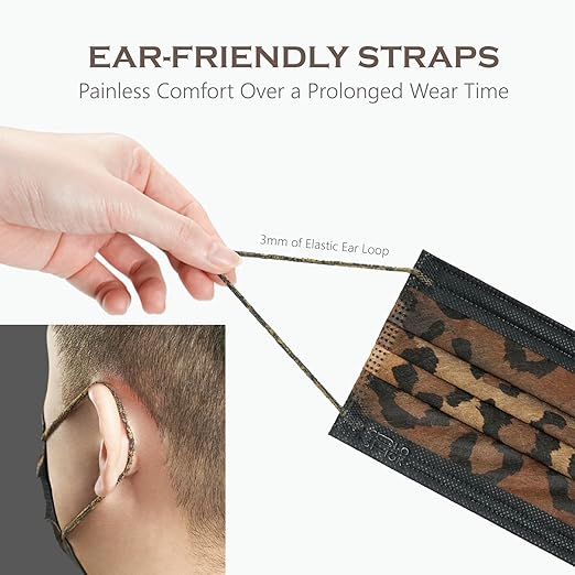 CSD Colo 30 Pcs Leopard Print Disposable Face Masks, 3 Ply Adult Mask with Elastic Ear Loop, Nose Bridge Clip, Breathable Comfortable Mask Great for Indoor, Outdoors Use (Camo)