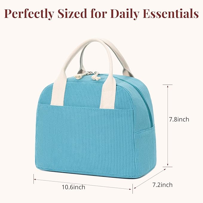 Insulated Lunch Bag for Women Men, Stylish Corduroy Tote Bag with Aluminum Lining, Large Capacity Reusable Cooler for Work, Travel, or Beach, Lake Blue Lunch Box