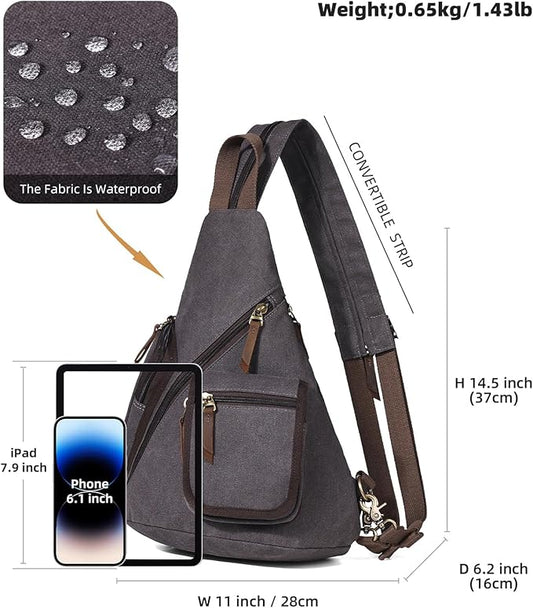 KL928 Canvas Sling Bag - Casual Crossbody Shoulder Daypack Rucksack Backpack for Men Women, Dark Grey
