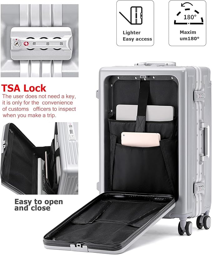 feilario 20" Aluminium Frame Hardside PC Carry on Luggage - Wide Handle Double Spinner Wheels Suitcase with TSA lock