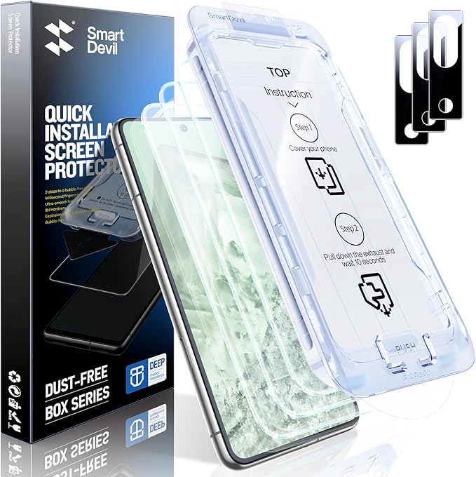 SMARTDEVIL [3+3 Pack for Google Pixel 8 Screen Protector with Camera Lens Protector, Finger Print Reader Compatible, Fast & Easy Installation, Clear 9H Tempered Glass Film, Alignment Frame
