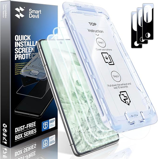 SMARTDEVIL [3+3 Pack for Google Pixel 8 Screen Protector with Camera Lens Protector, Finger Print Reader Compatible, Fast & Easy Installation, Clear 9H Tempered Glass Film, Alignment Frame