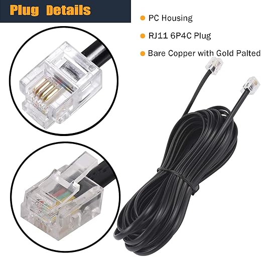 15FT Telephone Extension Cord Cable, Landline Phone Line Wire with RJ11 6P4C Plugs, Includes Cable Clips - Black - 2 Pack