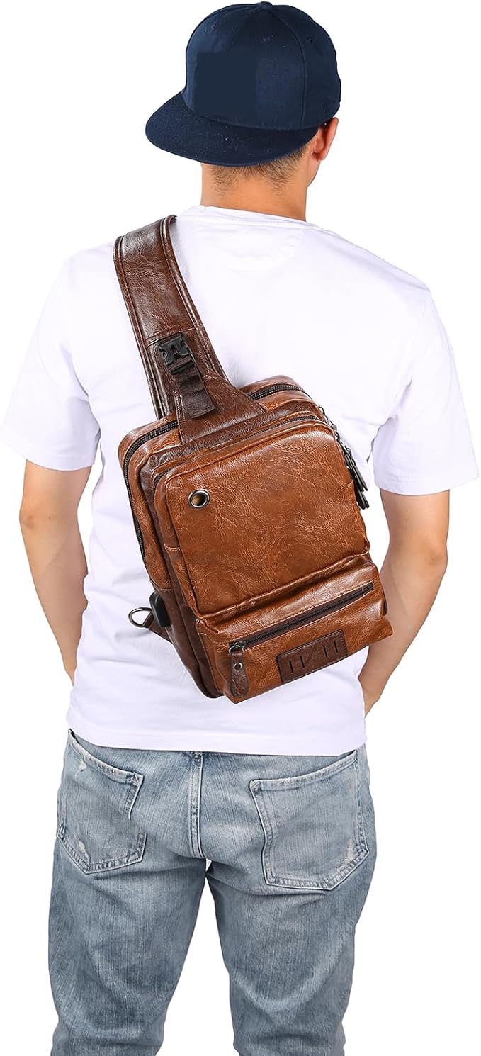 Men's Lightweight PU Leather Sling Bag - Breathable Crossbody Pack with USB Charging Port & 6 Pockets, Easy Access Organizer for Tablet/Gym Essentials - Commute, Travel, Work(Brown)