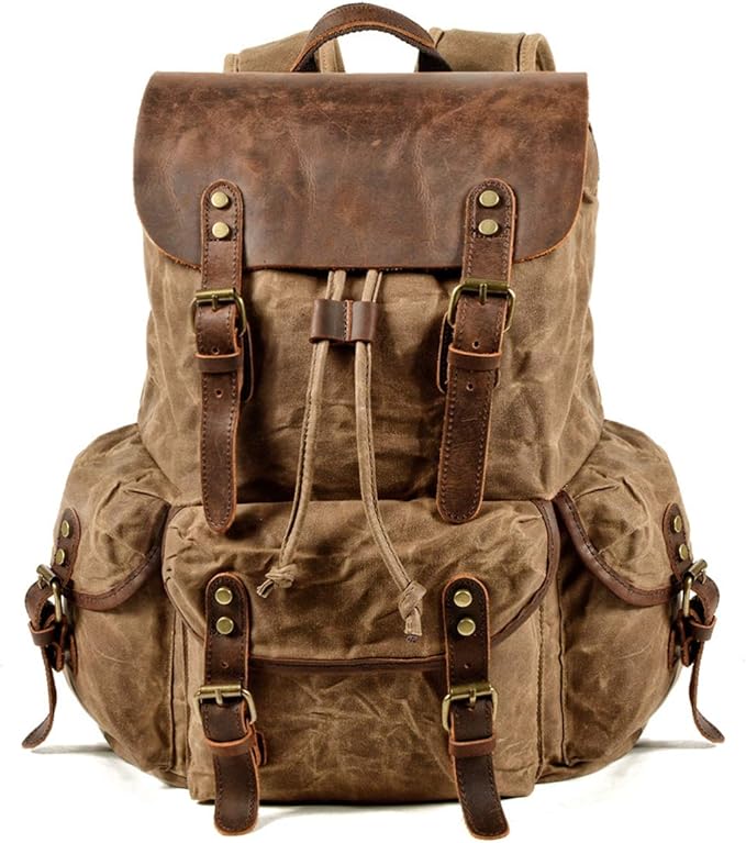 WUDON Leather Backpack for Men, Waxed Canvas Shoulder Rucksack Carry-On Travel Backpack