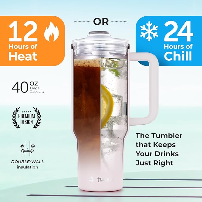 40 oz Tumbler With Handle and Straw Made of Stainless Steel - Double Wall Vacuum Insulated Tumbler With Lid - Sweat Proof Easy Grip, BPA-Free, Dishwasher Safe Tumbler (Rose Quartz)