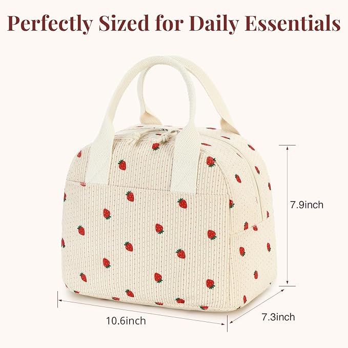 Insulated Strawberry Lunch Bag for Women, Stylish Corduroy Tote with Aluminum Lining, Large Capacity Reusable Cooler for Work, Travel, Beach or Picnic, Beige Cream Water-Resistant Lunch Box