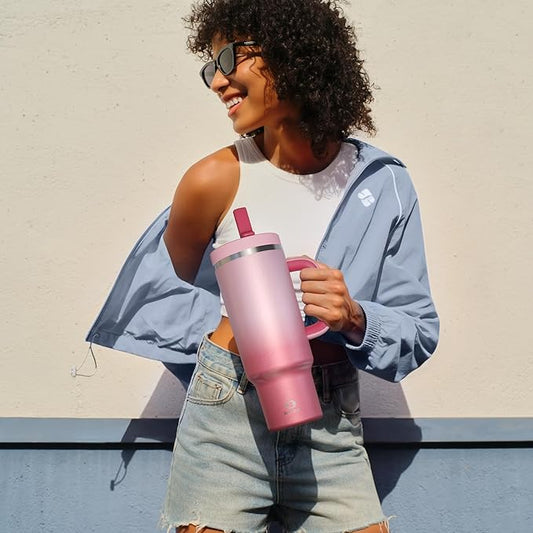 40 oz Tumbler with Handle and Straw: Stainless Steel Insulated Tumbler Keeps Cold for 24 Hours, Leakproof Travel Cup Fits in Cup Holder and BPA-Free, Flamingo