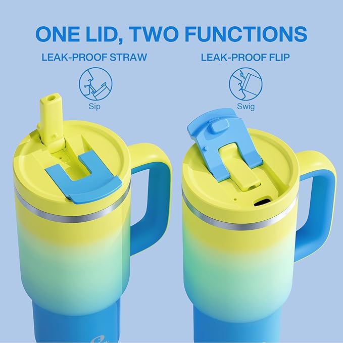 32 oz Tumbler with Handle and Straw: Stainless Steel Insulated Tumbler Keeps Cold for 24 Hours, Leakproof Travel Cup Fits in Cup Holder and BPA-Free, Soft Lagoon