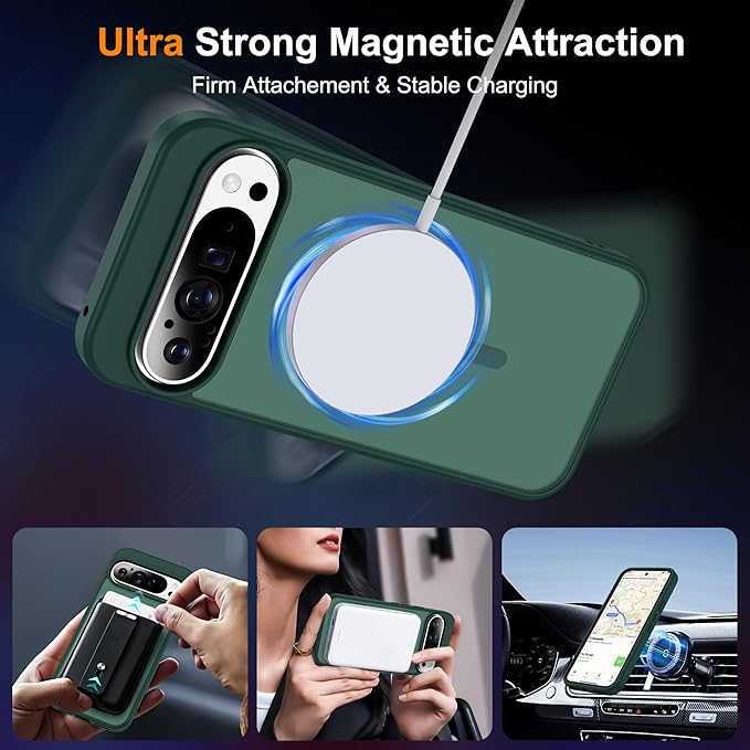 Compatible with Google Pixel 9 Pro XL Case with Magnetic [Compatible with Mag-Safe][Military Grade Drop Protection] Slim Translucent Matte Phone Case with Anti-Fingerprint Tech, Green