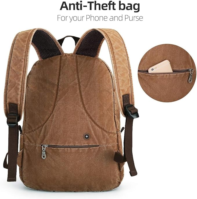 Muzze Canvas Backpack for Women and Men, Lightweight Classic Laptop Backpack with USB Charging Port for School, Travel and Daily Use, Khaki