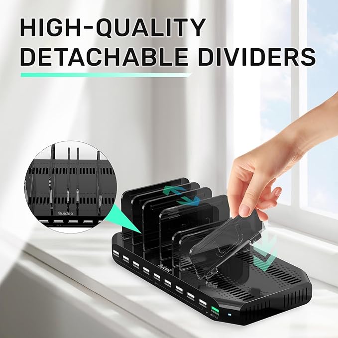 Multi USB Charging Station for Multiple Devices, 60W 10 Ports Multi Charger Station with QC3.0 Port & Adjustable Dividers Compatible with Tablets, Smartphones