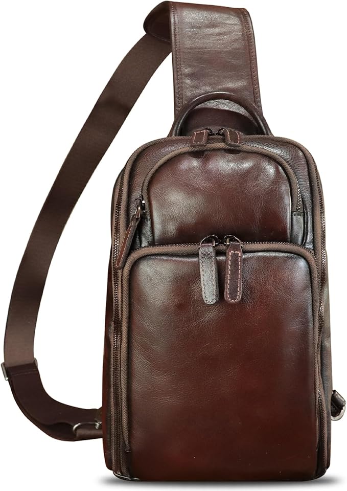 Genuine Leather Sling Bag for Men and Women Vintage Leather Sling Backpack Crossbody Bag Chest purse for 11 Inch Ipad Pro