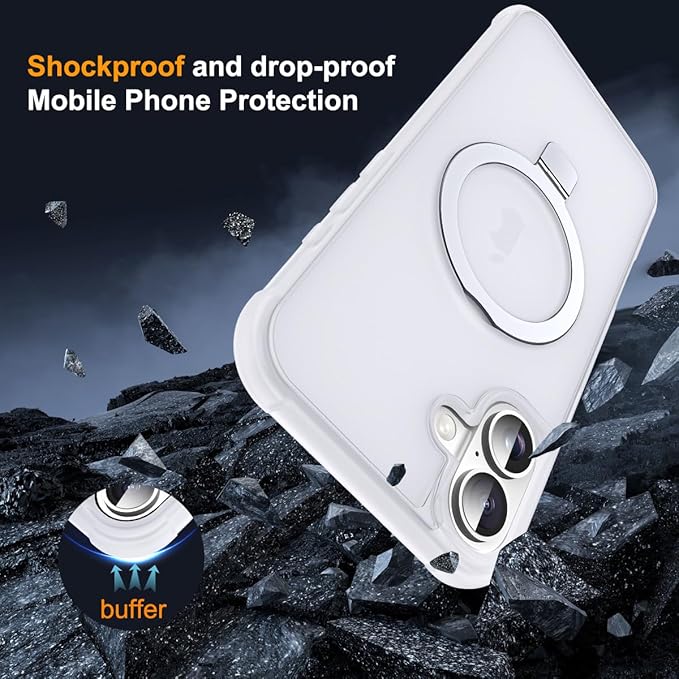 Compatible with iPhone 16 Case with Invisible Magnetic O-Ring Stand Military-Grade Phone Case for iPhone 16 6.1" [Compatible with Mag-Safe][Great Grip Feeling],Translucent