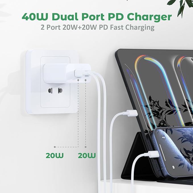 USB C Charger Block, 40W Dual Port Fast Charger 20W Type C Charging Block 3.1A USB Wall Charger Dual Port PD+QC Charging Cube for iPhone 15 16 14 13 12 11 Pro Max XS, iPad, Samsung Phone, Tablet