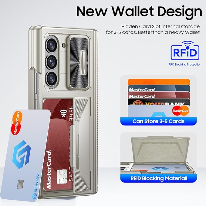 for Samsung Galaxy Z Fold 6 Case with Card Holder RFID Blocking & Slide Camera Cover& Hinge Protection& Full-Body Rugged Shockproof Wallet Case for Galaxy Z fold 6, Titanium Gold