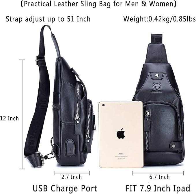 BULLCAPTAIN Leather Sling Bag Mens Chest Bag Casual Shoulder Crossbody Bags Travel Hiking Backpacks Daypack with USB Charging Port (Black)