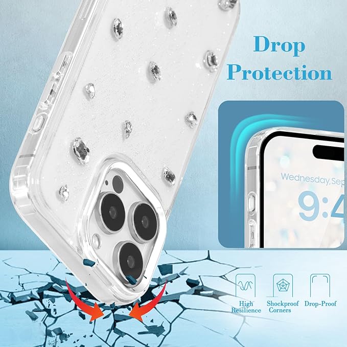 EYZUTAK Case for iPhone 15 Pro, Bling Glitter 3D Diamond Phone Case Cute Sparkly Crystal Clear Aesthetic Design Case Slim Soft Durable TPU Transparent Protective Cover for Women Girls - Crystal