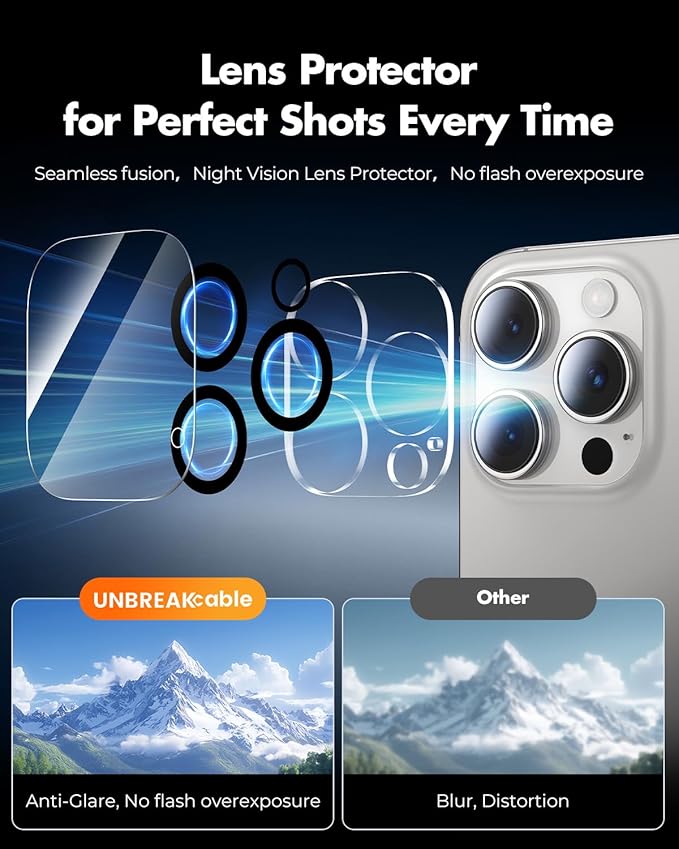 UNBREAKcable 2+2 Pack for iPhone 15 Pro Screen Protector & Lens Protector 【Military-Grade】【Easy Install】【Efficient Night Shot】9H+ Shatterproof Tempered Glass Film,Bubble-Free&Anti-Fingerprint ,Case Friendly-6.1 inch