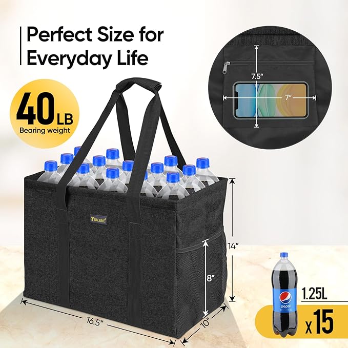 BALEINE Extra Large Utility Tote Bag with Wire Frame for Storage (Black, 16.5''x14''x10'')