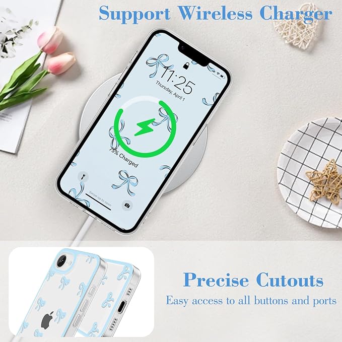 EYZUTAK Case for iPhone 16e, Clear Cute Ribbon Bowknot Pattern Aesthetic Transparent Phone Case Raised Camera Protection Stylish Slim Soft Durable TPU Protective Cover for Women Girls - Blue