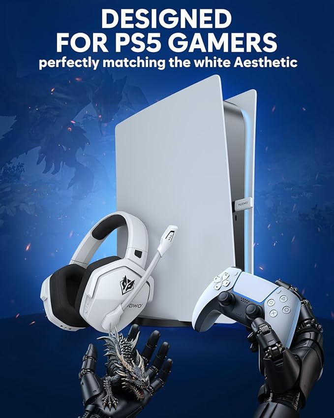 NUBWO Wireless Gaming Headset with Mic for Ps5 Ps4 PC, Zero Interference, 100-Hour Battery All-Day Play, 23ms Sync for Fortnite & Call of Duty/FPS Gamers, Triple Mode All Devices Compatible - White