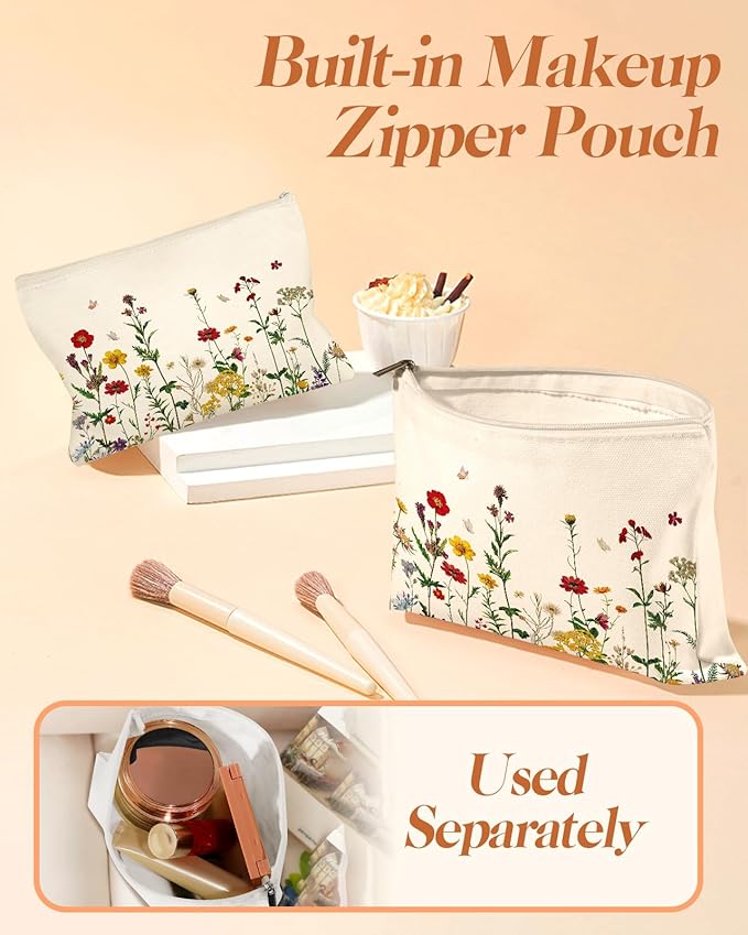 2 Pack Canvas Tote Bag - with Makeup Pouch Aesthetic Cute Women Reusable Canvas Bag for Shopping, Work, Travel