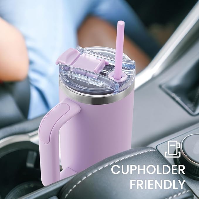 30 oz Tumbler with Handle, Tumbler with Lid and Straw, Double Wall Vacuum Insulated Travel Mug Stainless Steel Tumbler for Hot and Cold, Cupholder Friendly (Purple)
