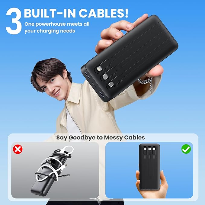 Portable Charger 50800mAh Power Bank with 3 Built-in Cable,25W PD USB C in&Out Power Bank Fast Phone Charging,QC4.0 LED Display Portable Battery Pack Compatible with iPhone 16/15, Galaxy Android-Black