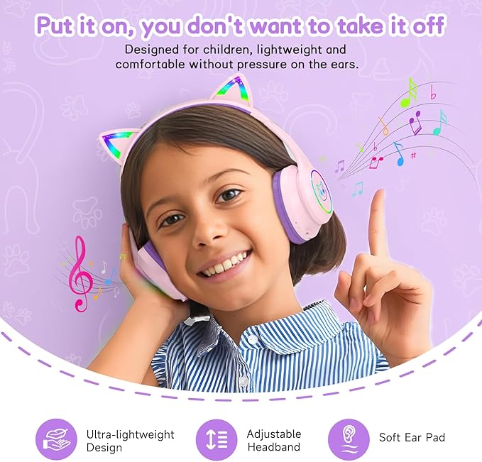 LOBKIN Kids Bluetooth Headphones,Over Ear Kids Headphones Wireless with Mic 50H Playtime Colorful LED Lights AUX Cord 94dB Safe Volume Limited Foldable Design for Boy Girl Travel/School/iPad