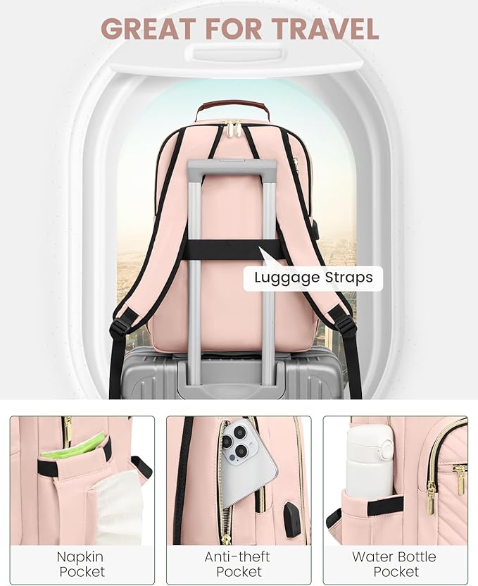 LOVEVOOK Laptop Backpack Purse for Women, Large Capacity Travel Business Computer Work Bag, Quilted Casual Nurse Backpack for Womens, Fit 15.6 Inch Laptop with USB Port, Nude