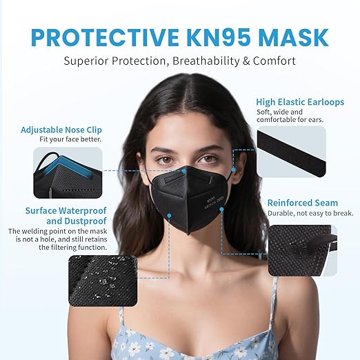akgk KN95 Face Mask 50 PCS, Breathable Protection Masks, Individually Wrapped, 5-Ply KN95 Black Masks, Cup Dust Safety Masks
