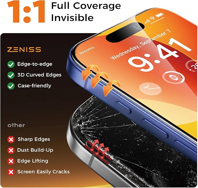 NeverBreak 9H+ Hardness for iPhone 16 Plus Screen Protector 12FT Military Grade Protection (Scratch, Shatter, Drop Resistance) 16Plus Tempered Glass Full Edge Coverage Case Friendly 6.7" 2 Pack