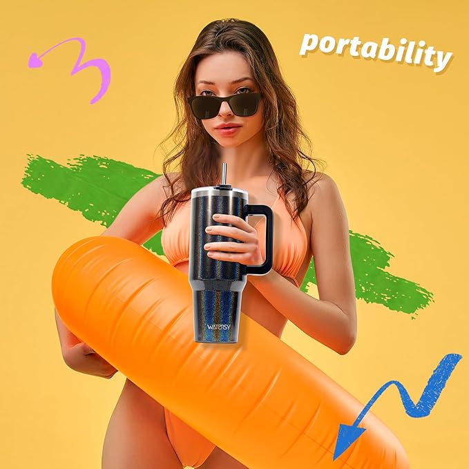 40 oz Shiny Tumbler with Handle and Straw,Stainless Steel Tumbler with Lid and Straw,Insulated Travel Mug(Cold for 34 Hours),Water Bottle for Iced Tea,Coffee (Black)